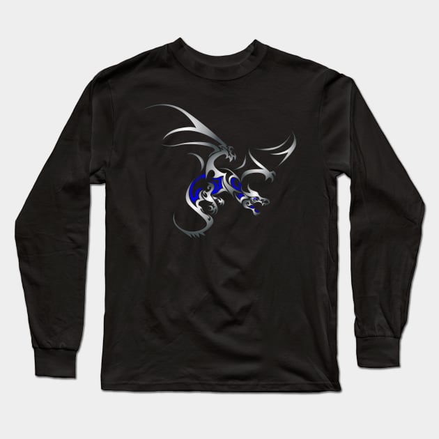 Flying Dragon in Tattoo/Tribal Style, Silver Long Sleeve T-Shirt by Designs by Darrin